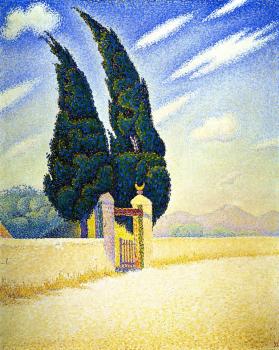 (image for) Handmade oil painting Copy paintings of famous artists Paul Signac's painting,Two Cypresses, Mistral,